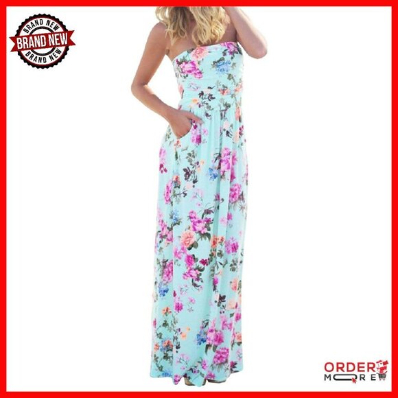 Dresses & Skirts - Strapless Tube Top Maxi Dress with Pockets - Floral Boho Beach Dress